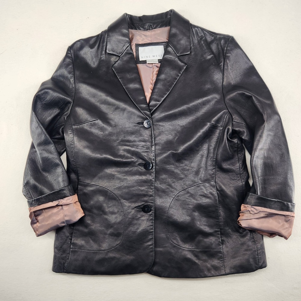 Nine West Black Leather Blazer Jacket Three Button Notch Lapel Large
